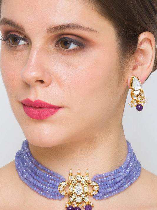 Gold Polish Brass Earring with Gold Kundan Polki & Purple Agates