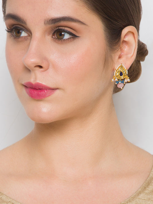 Gold Polish Brass Earring with Blue Kundan Polki, Agates & Light pink Onyx Watermelon Shaped Tumbles