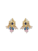 Gold Polish Brass Earring with Blue Kundan Polki, Agates & Light pink Onyx Watermelon Shaped Tumbles