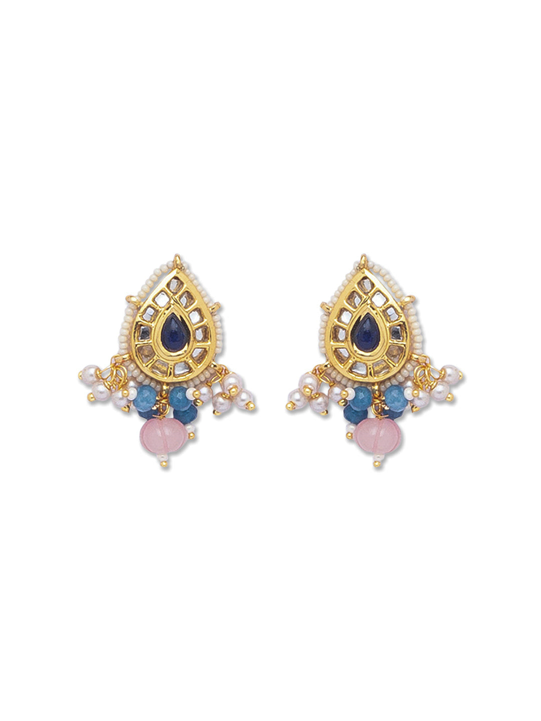 Gold Polish Brass Earring with Blue Kundan Polki, Agates & Light pink Onyx Watermelon Shaped Tumbles