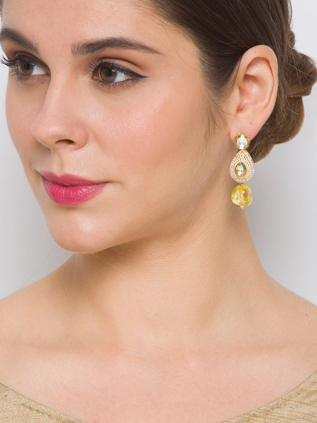 Golden  Polished  Brass Earring with Cream color Kundan Polki & Yellow Onyx Tumbles, Meenakari