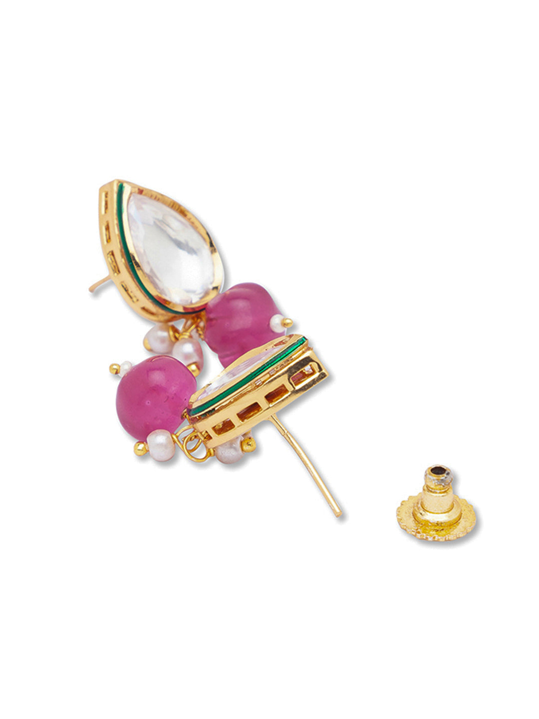 Gold Polish Brass Earring with Kundan Polki & Cherry color Onyx Watermelon Shaped Tumbles