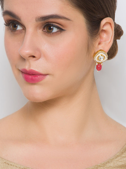 Gold Polish Brass Earring with Golden & Creme Kundan Polki, Tomato Onyx Tumbles