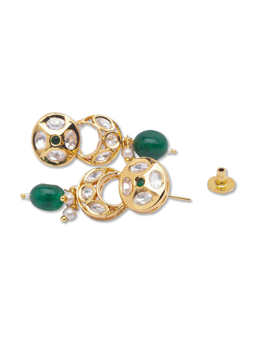 Earring with Gold Polish Brass, Golden & Creme Kundan Polki with Green OnyxTumbles
