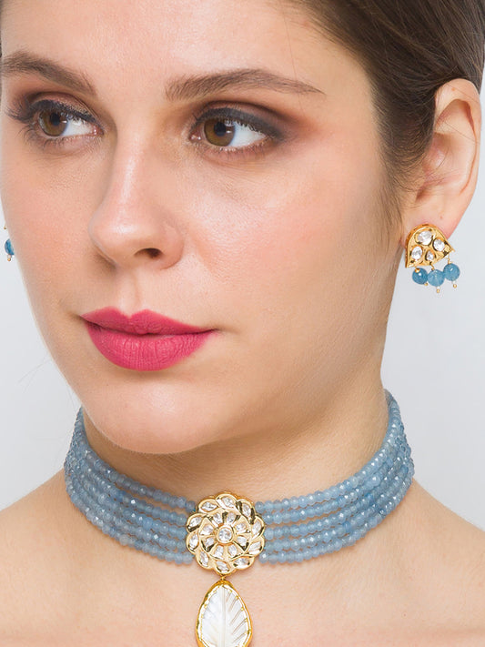 Earring with Golden Polish Brass, Golden color Kundan Polki & Sky blue Agates