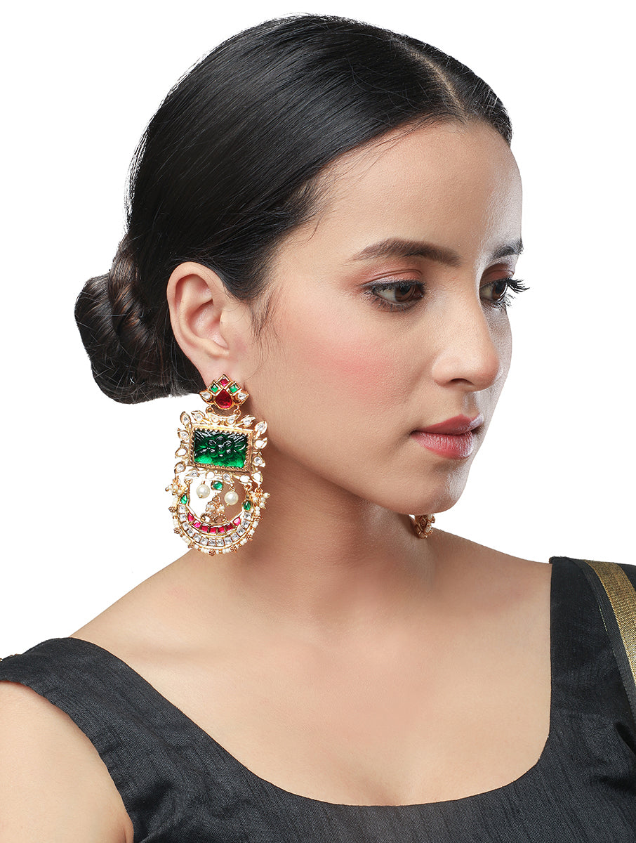 Earring with  gold polished Brass, Pearls, & Coloured Polki Stones