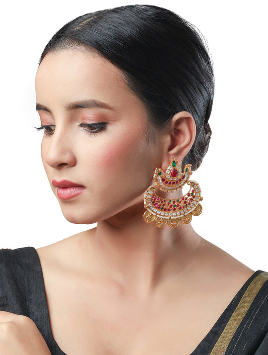 Golden polished brass Earring Kundan Polki, Pearls, Coloured Polki Stones