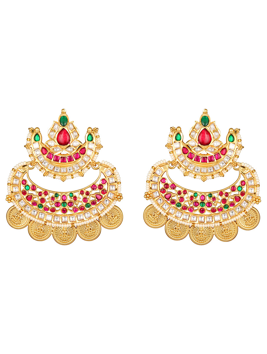 Golden polished brass Earring Kundan Polki, Pearls, Coloured Polki Stones