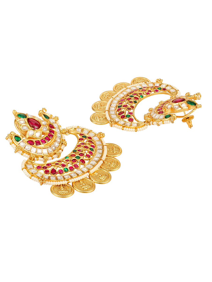 Golden polished brass Earring Kundan Polki, Pearls, Coloured Polki Stones