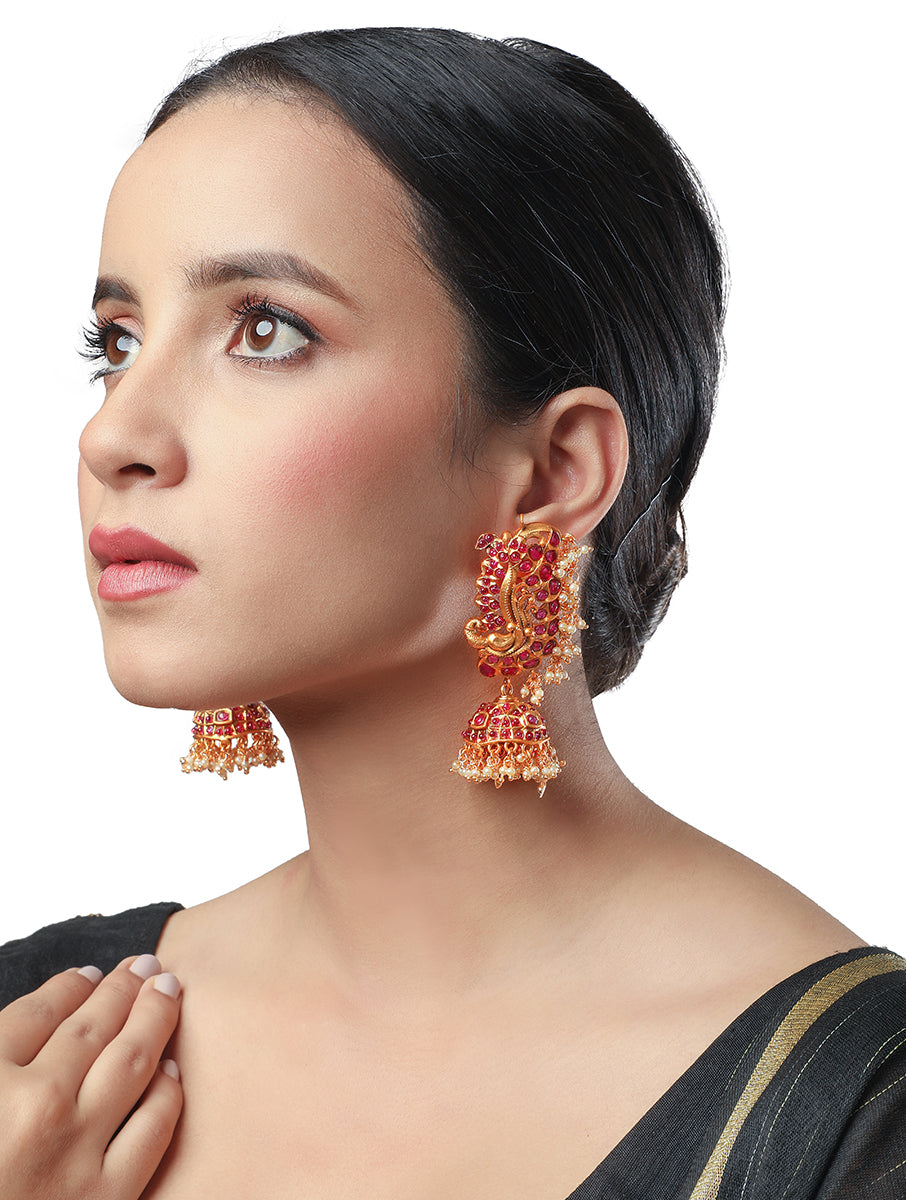 Micron gold polished Earring with Pearls, & Maroon Coloured Polki Stones.