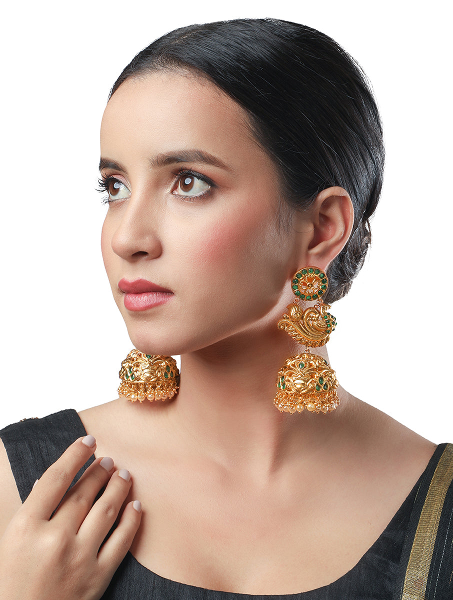 Golden polished brass Earring with  ,Green Coloured Polki Stones.