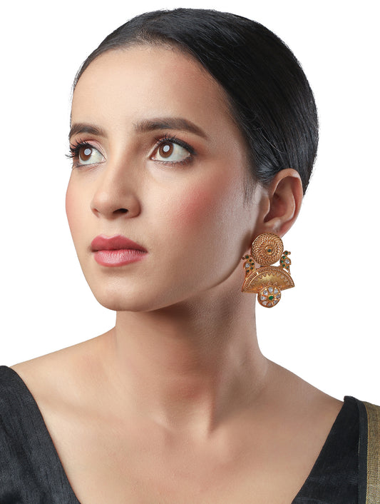 Earring with Golden polished On brass, with Kundan Polki, & Green Colored Polki Stone