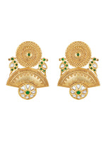 Earring with Golden polished On brass, with Kundan Polki, & Green Colored Polki Stone