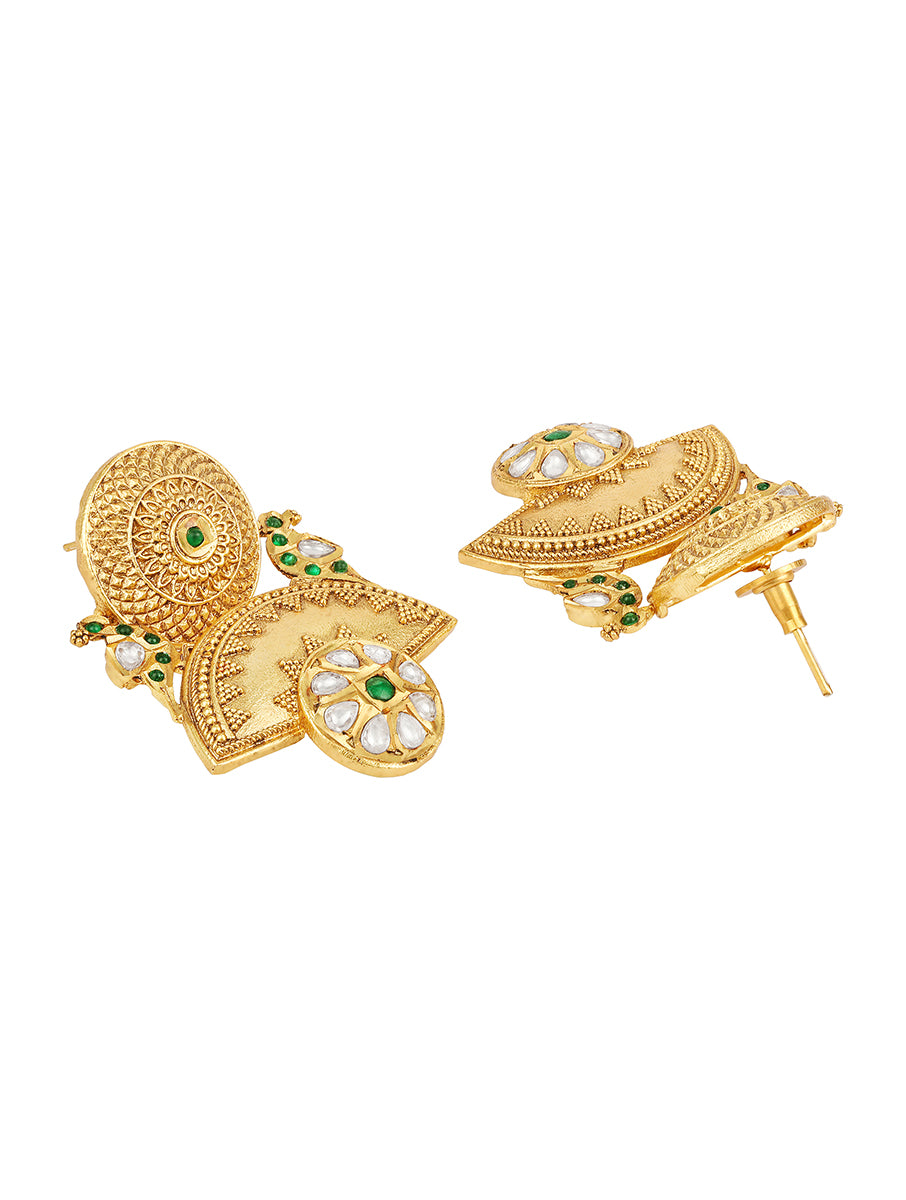 Earring with Golden polished On brass, with Kundan Polki, & Green Colored Polki Stone