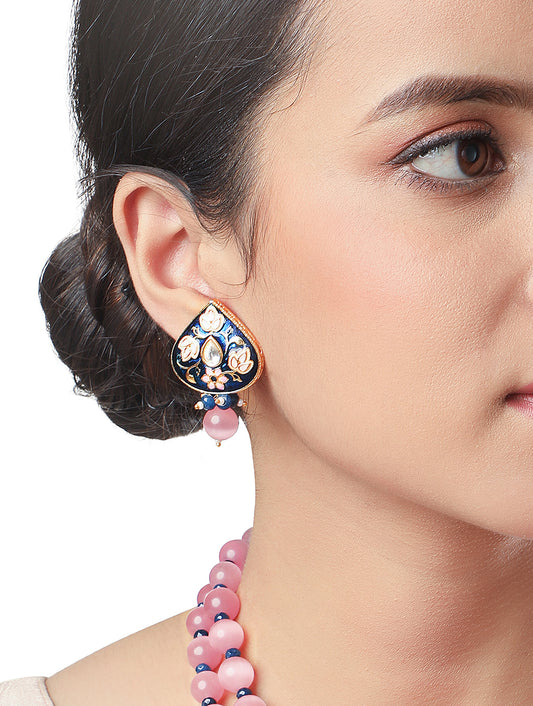 Golden polished brass  Earring with Kundan Polki, Agate, Monalisa Agate & Hand-paint Meena