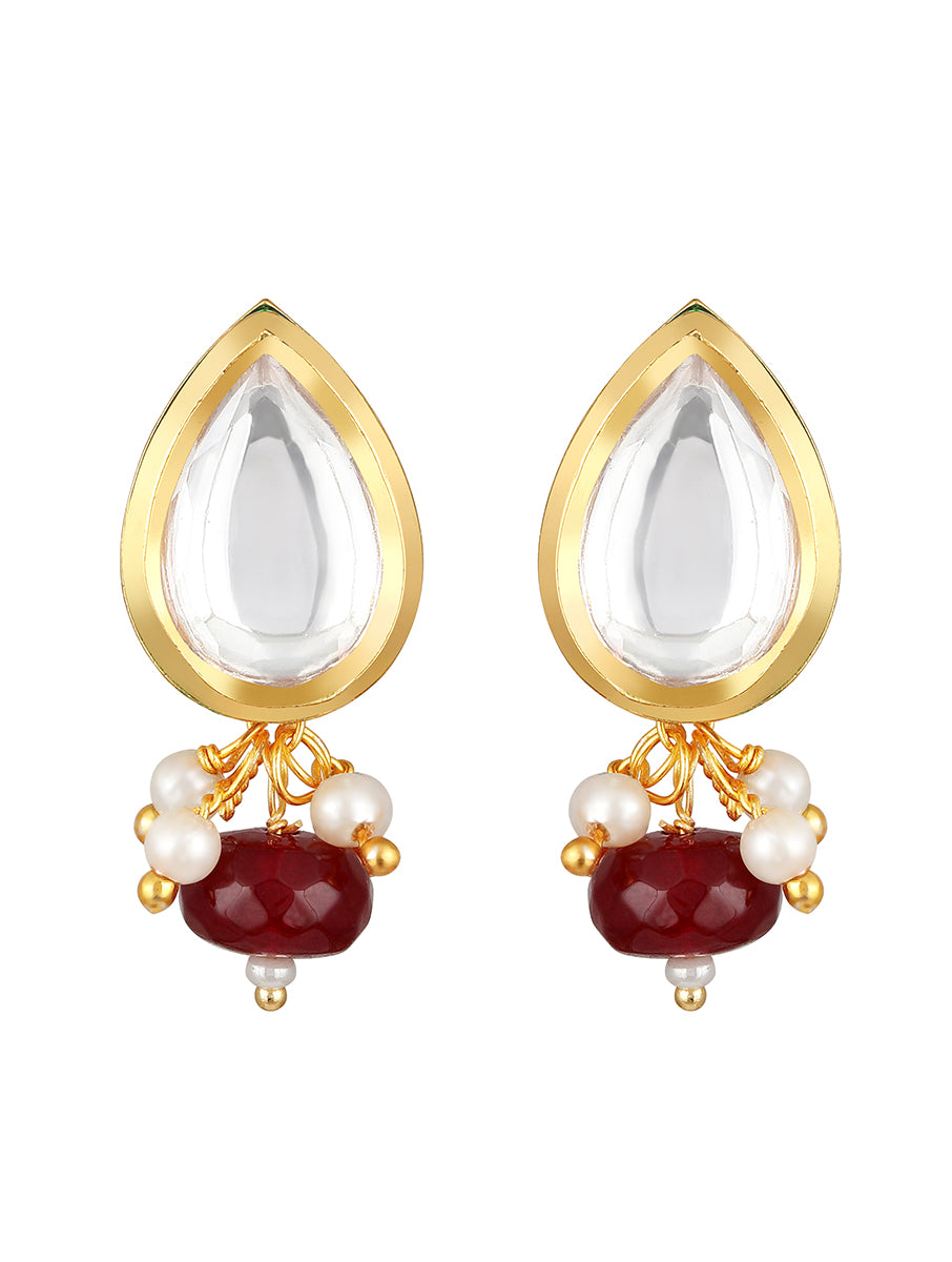Golden polished  Earring with,  Red Kundan Polki, Pearls & Agate