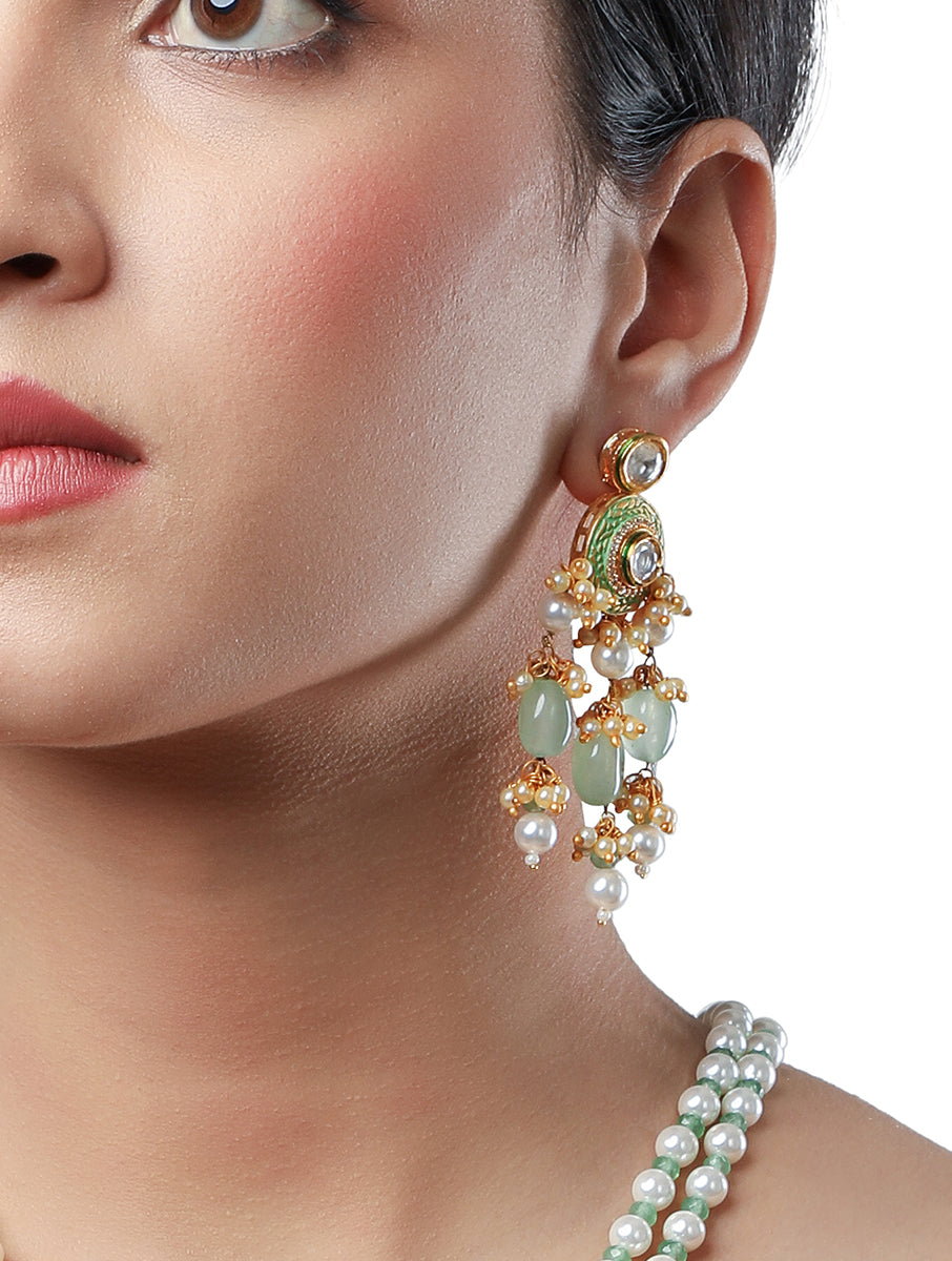 Golden polished brass  Earring with Shell Pearls,& Colored Onyx tumble