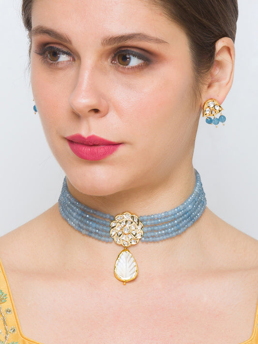 Golden Polish Brass Necklace with Sky Blue Kundan Polki Agates & Gold Mother Of Pearl