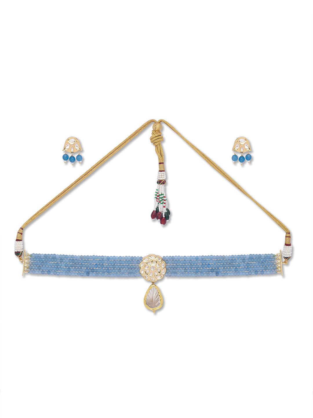Golden Polish Brass Necklace with Sky Blue Kundan Polki Agates & Gold Mother Of Pearl