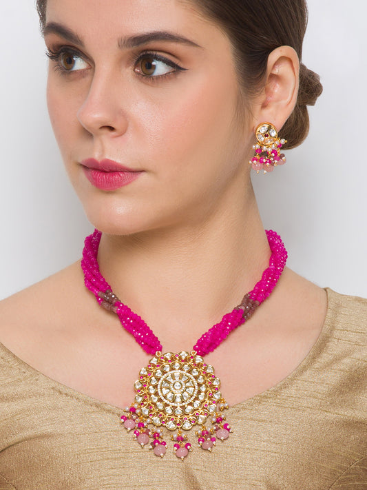 Golden Polished Necklace with Pink Kundan Polki & Onyx Wtermelon shaped Tumbles