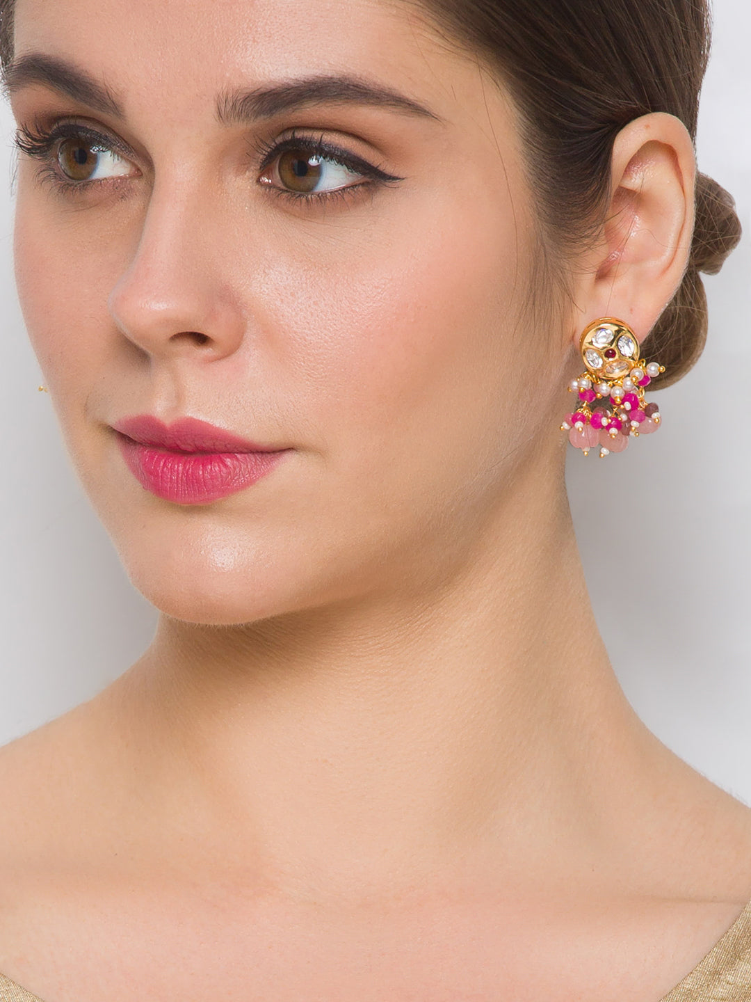 Golden Polished Necklace with Pink Kundan Polki & Onyx Wtermelon shaped Tumbles