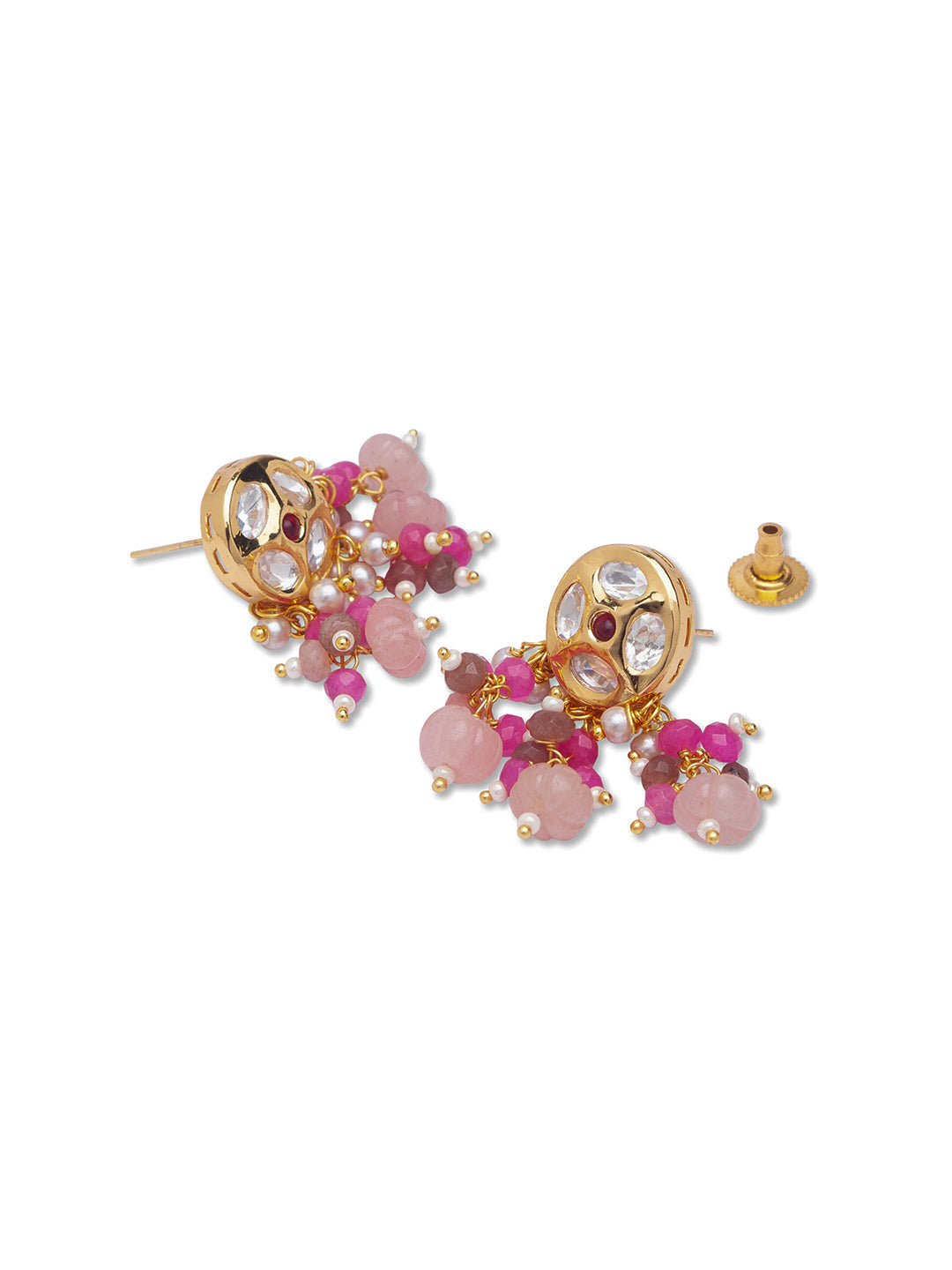 Golden Polished Necklace with Pink Kundan Polki & Onyx Wtermelon shaped Tumbles