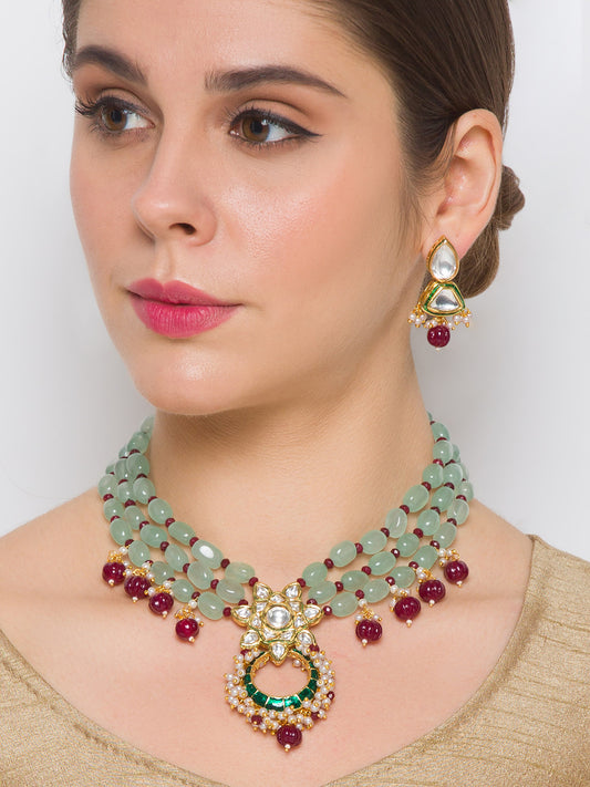 Golden Polished Necklace with Maroon Kundan polki, Agates, Onyx Tumbles, Onyx Watermelon Shaped Tumbles