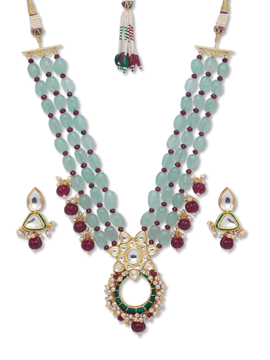 Golden Polished Necklace with Maroon Kundan polki, Agates, Onyx Tumbles, Onyx Watermelon Shaped Tumbles