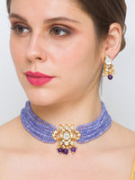 Golden Polish Necklace with Purple Kundan Polki & Agates