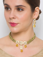 Gold Polish Brass Necklace with Kundan Polki, Agates, Onyx Tumbles & Hand-Painted Meenakari