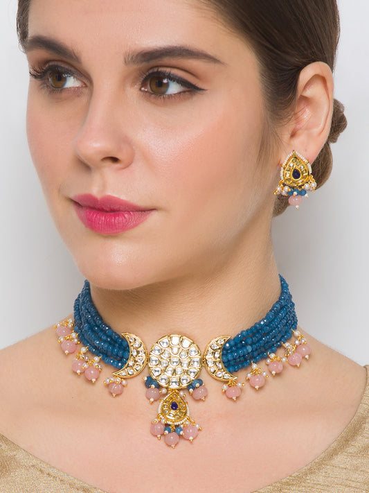 Golden Polish Necklace with Kundan polki, Agates & Onyx Watermelon Shaped Tumbles