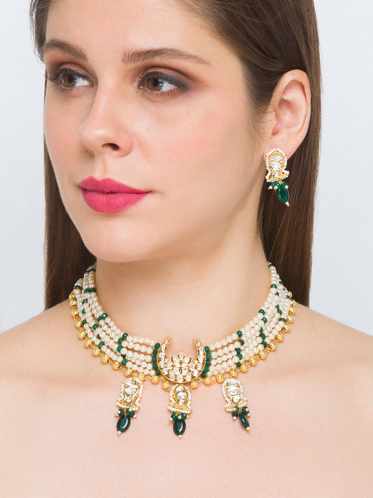 Gold Polish Necklace with Green Kundan Polki Agates, &  Shell Pearls