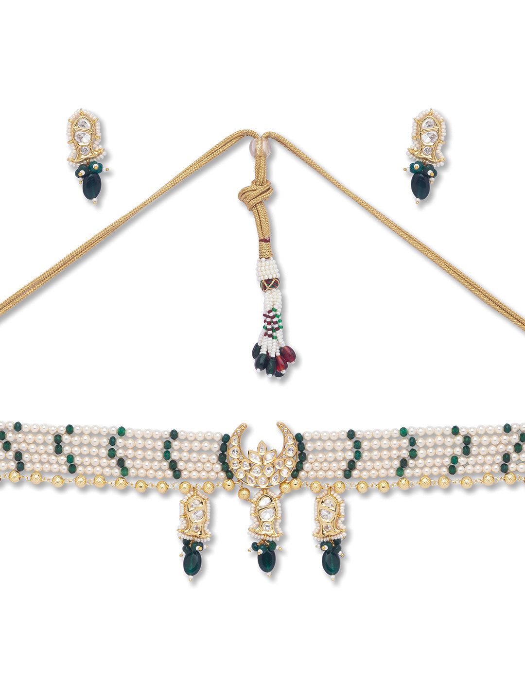 Gold Polish Necklace with Green Kundan Polki Agates, &  Shell Pearls