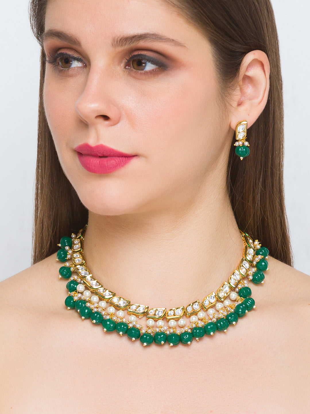 Necklace with Gold Polish Brass, Kundan Polki  & Onyx Watermelon tumbles