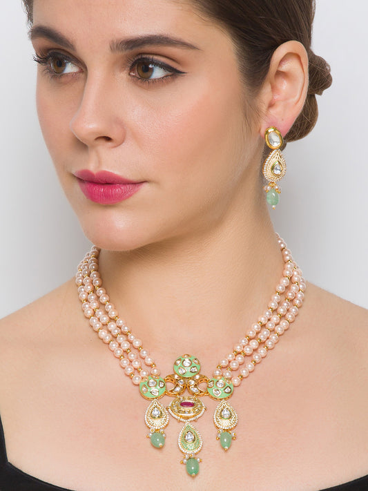 Gold Polish Brass Necklace with Kundan Polki & Meenakari