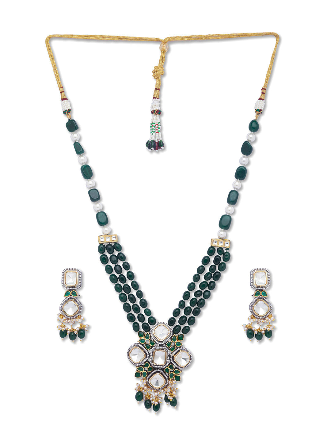 Necklace with Gold Polish Brass, Kundan Polki, Onyx tumbles & Shell Pearls