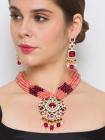 Necklace with Gold Polish Brass, Kundan Polki, Onyx tumbles, & Shell Pearls