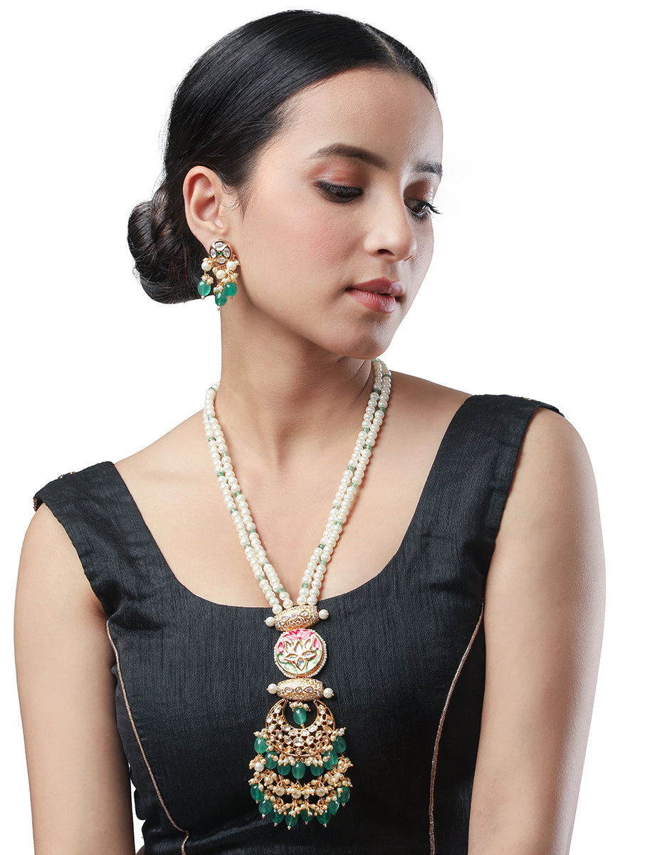 Necklace with Golden polished on brass, Mont green Agates, Golden Kundan, Onyx tumbles & White Shell Pearls