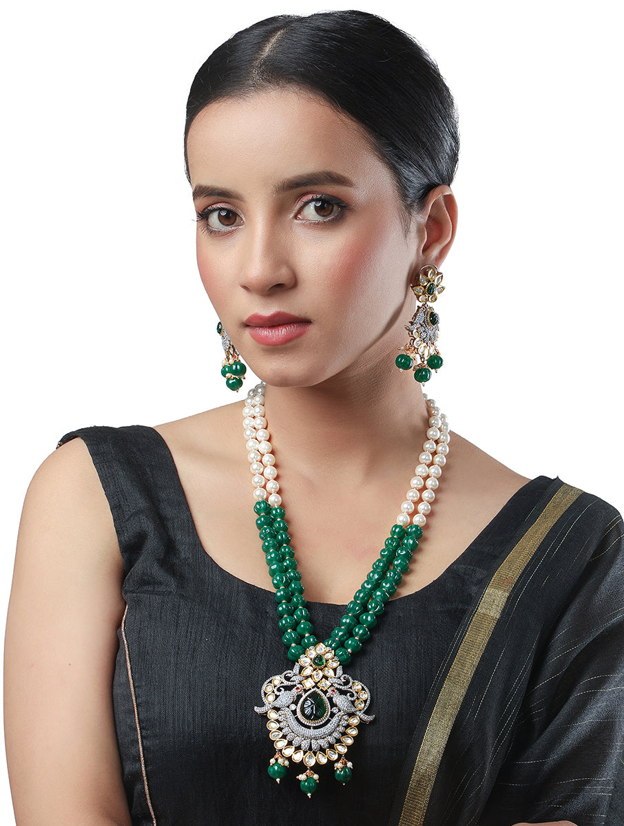 Golden polished brass Necklace with Kundan work in Green, Onyx watermelon tumbles, Shell & Pearls