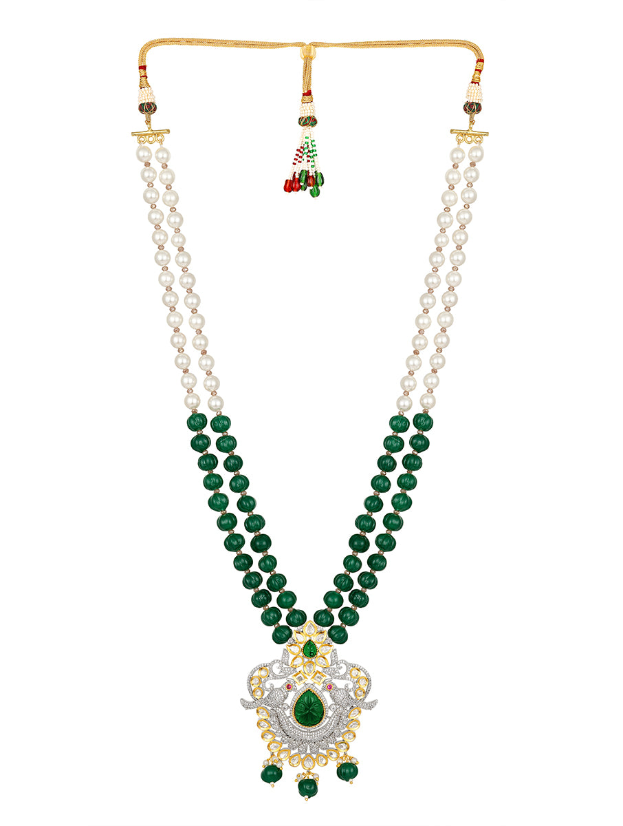 Golden polished brass Necklace with Kundan work in Green, Onyx watermelon tumbles, Shell & Pearls