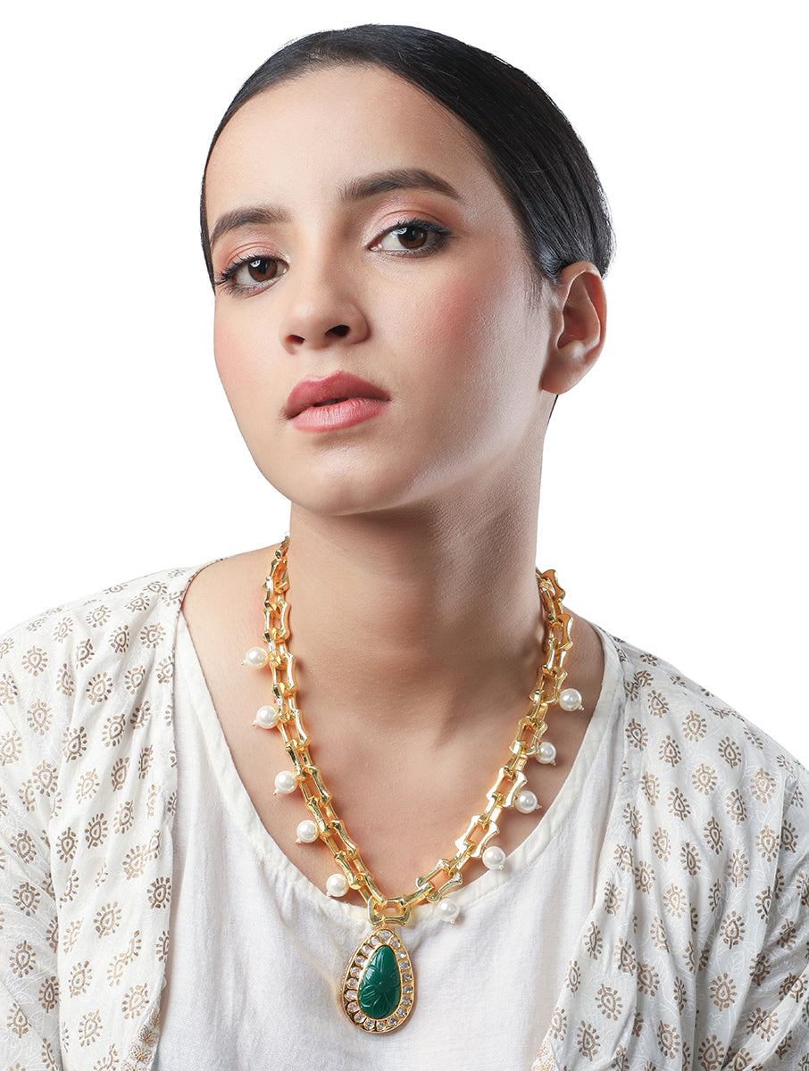 Gold polished brass Necklace with Onyx Stone & Shell Pearls