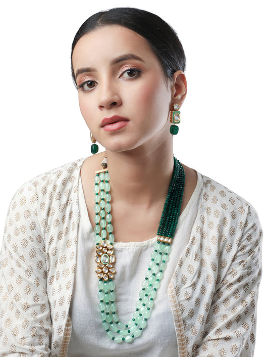 Gold polished brass Necklace with, Dark green Agates & light Green Colored Onyx tumbles, Hand -Paint Meena Kundan Polki