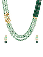 Gold polished brass Necklace with, Dark green Agates & light Green Colored Onyx tumbles, Hand -Paint Meena Kundan Polki