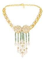 Golden polished brass Necklace with, Agates, CZ Diamond balls, Fresh water pearls, Kundan Polki