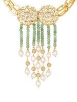 Golden polished brass Necklace with, Agates, CZ Diamond balls, Fresh water pearls, Kundan Polki
