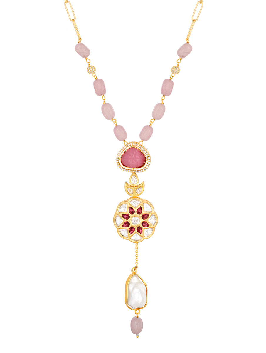 Gold polished brass Necklace with Kundan Polki work, CZ diamond, Onyx, Real baroque pearl