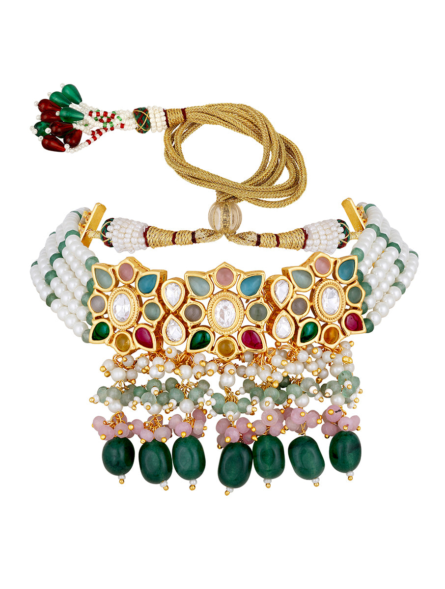 Gold polished brass Necklace with Kundan Polki,  Shell Pearls & Onyx tumbles