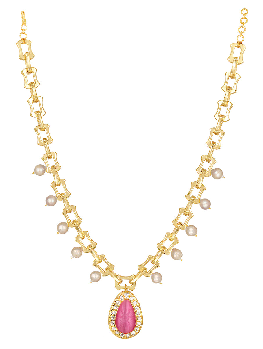 Necklace with Gold polished, Onyx, Fresh water pearls & Kundan Polki
