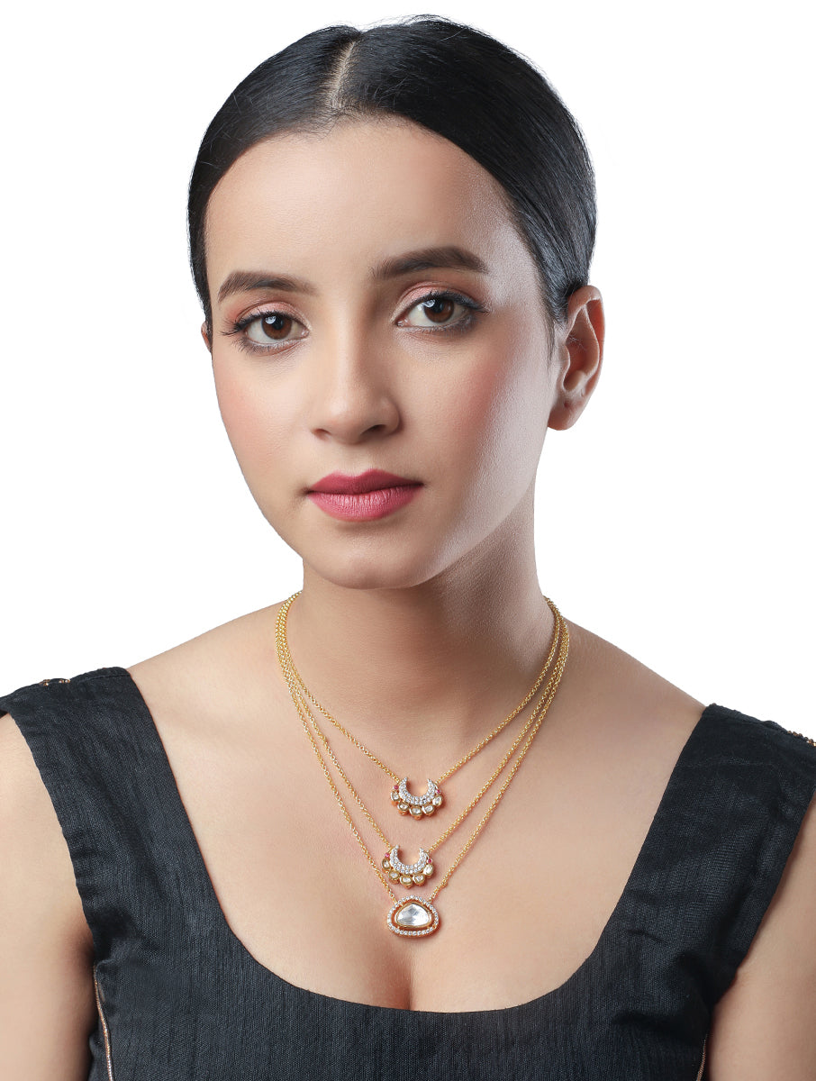 Golden polished Necklace with CZ diamond & Kundan Polki