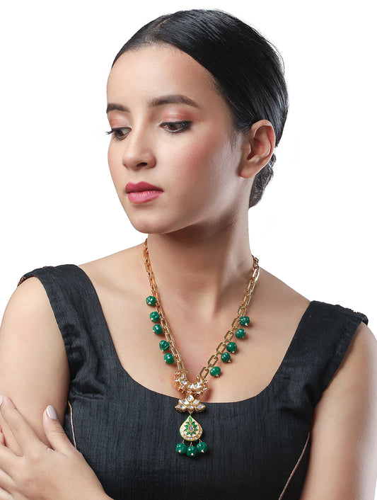 Gold polished brass Necklace with Green Onyx watermelon tumbles & Kundan Polki